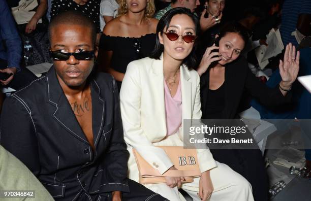 Vas J Morgan, Betty Bachz and Caroline Rush attend the Oliver Spencer Catwalk Show SS 2019 during London Fashion Week Men's June 2018 at 180 The...