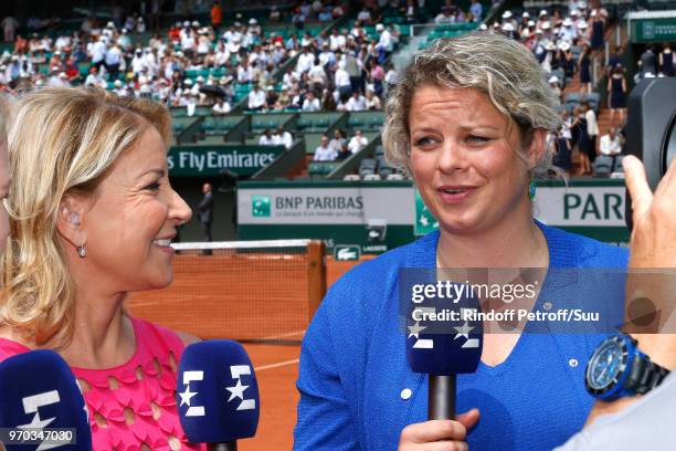 Tennis players Chris Evert and Kim Clijsters answer to journalists before the Women Final of the 2018 French Open - Day Fourteen at Roland Garros on...