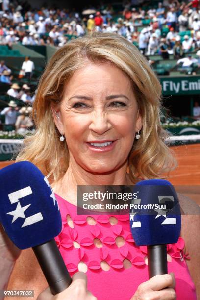 Tennis player Chris Evert answers to journalists before the Women Final of the 2018 French Open - Day Fourteen at Roland Garros on June 9, 2018 in...