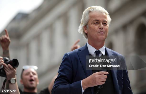 Dutch Leader of the Opposition Geert Wilders of nationalist Party for Freedom speaks during a 'Free Tommy Robinson' Protest on Whitehall on June 9,...