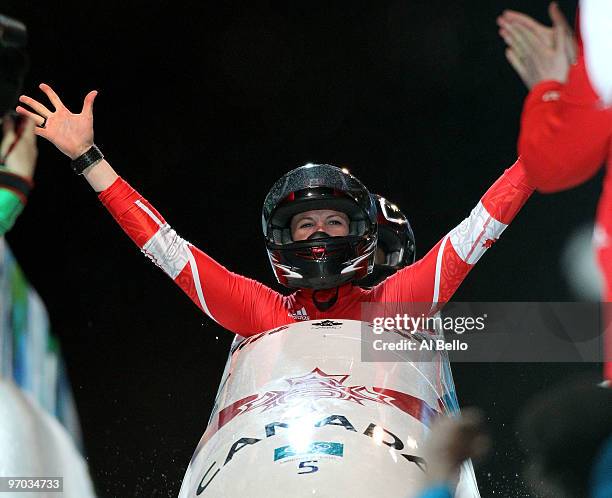 Helen Upperton and Shelly-Ann Brown of Canada in Canada 2 celebrate their fourth run during the womens bobsleigh on day 13 of the 2010 Vancouver...