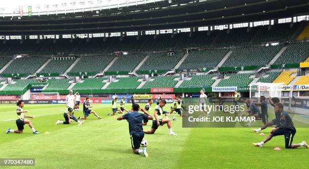 Brazil's players attend their team's training session at Ernst Happel stadium in Vienna, Austria, on June 9 on the eve of their friendly football...