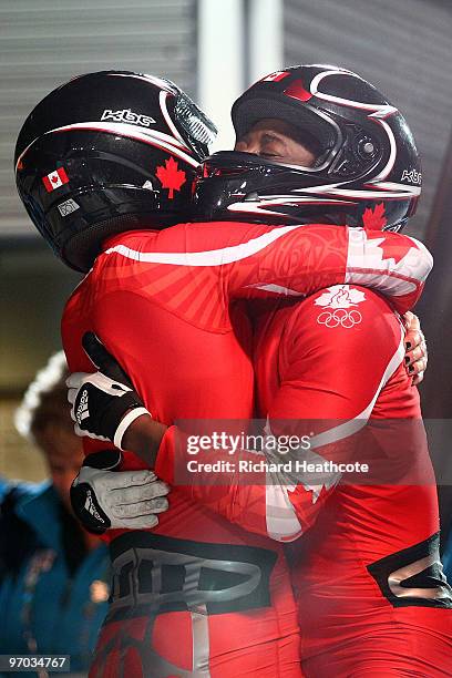 Helen Upperton and Shelly-Ann Brown of Canada in Canada 2 celebrate their fourth run during the womens bobsleigh on day 13 of the 2010 Vancouver...