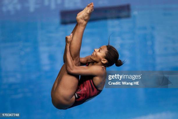 Jennifer Abel of Canada competes in the Women's 3m Springboard final during the FINA Diving World Cup 2018 at the Wuhan Sports Center on June 9, 2018...