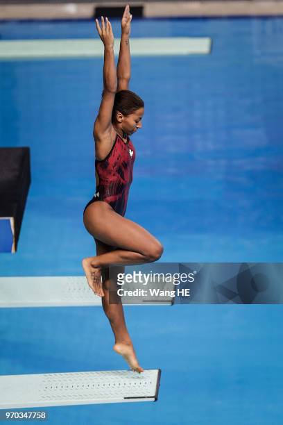 Jennifer Abel of Canada competes in the Women's 3m Springboard final during the FINA Diving World Cup 2018 at the Wuhan Sports Center on June 9, 2018...