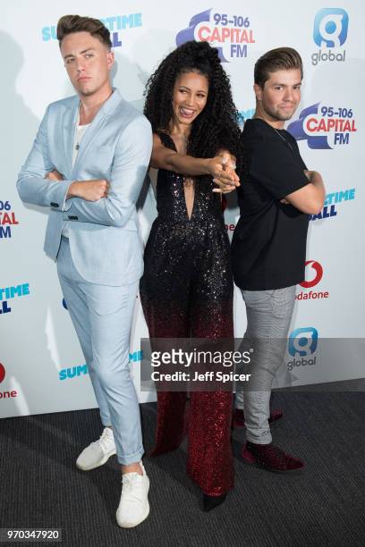 Roman Kemp, Vick Hope and Sonny Jay attend the Capital Summertime Ball 2018 at Wembley Stadium on June 9, 2018 in London, England.