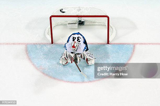 Tomas Fleischmann of Czech Republic tends goal during the ice hockey men's quarter final game between Finland and the Czech Republic on day 13 of the...