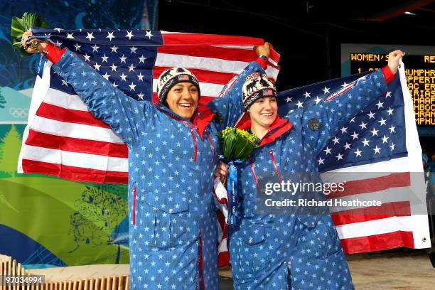 Erin Pac and Elana Meyers of the United States celebrates bronze in the women's bobsleigh on day 13 of the 2010 Vancouver Winter Olympics at the...