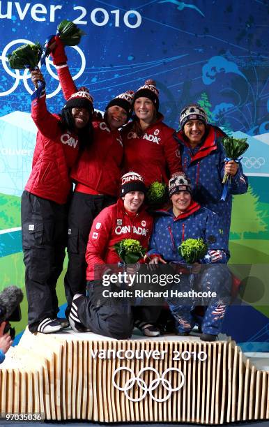 Heather Moyse and Kaillie Humphries of Canada 1 celebrate gold Helen Upperton and Shelly-Ann Brown of Canada 2 celebrate silver and Erin Pac and...