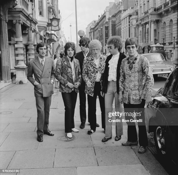 British rock group The Move outside the Royal Courts of Justice, London, 6th September 1967; they have been sued in a libel action brought by Prime...