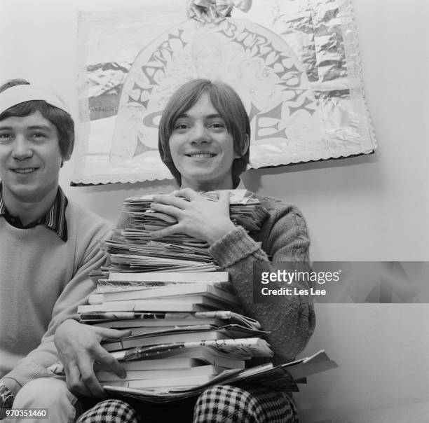 English musicians Steve Mariott , holdin a pile of birthday cards, and Kenney Jones of rock band The Small Faces, UK, 30th January 1967.
