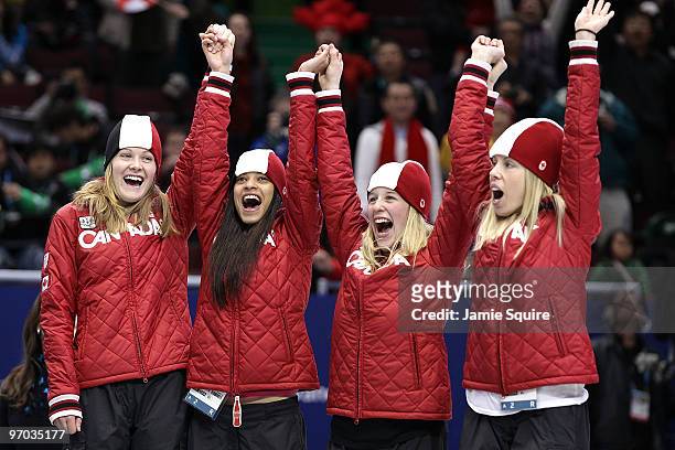 Team Canada celebrate winning the silver medal in the Short Track Speed Skating Ladies' 3000m relay finals on day 13 of the 2010 Vancouver Winter...