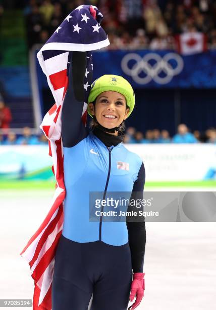 Allison Baver of the United States celebrates after her team won the Olympic Bronze medal in the Ladies' 3000m relay finals in Short Track Speed...