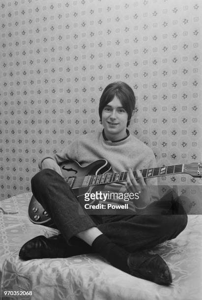 English singer, songwriter and musician Francis Rossi of rock band Status Quo holding a Gibson semi-acoustic guitar, UK, 9th February 1967.