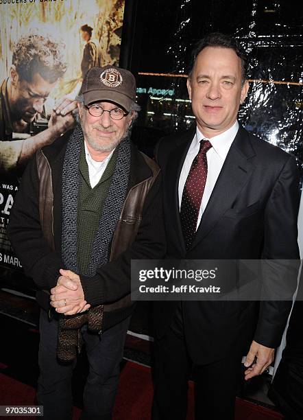 Executive producers Steven Spielberg and Tom Hanks arrive at HBO's premiere of "The Pacific" held at Grauman's Chinese Theatre on February 24, 2010...