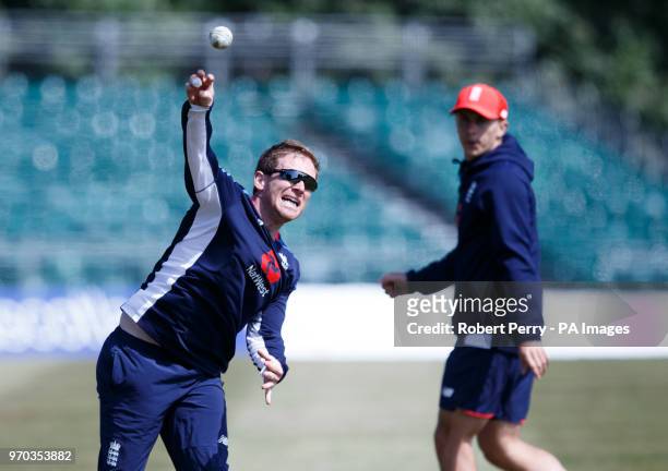 England captain Eoin Morgan in action during a nets session at The Grange, Edinburgh.