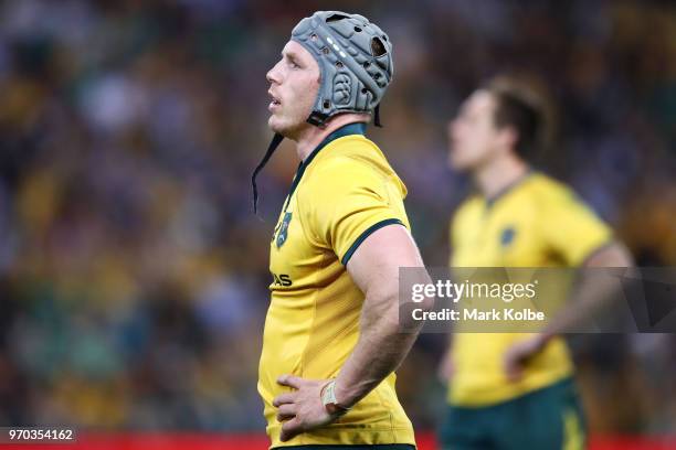 David Pocock of the Wallabies shows his frustration as he watches the big screen as a Wallabies try is disallowed during the International Test match...