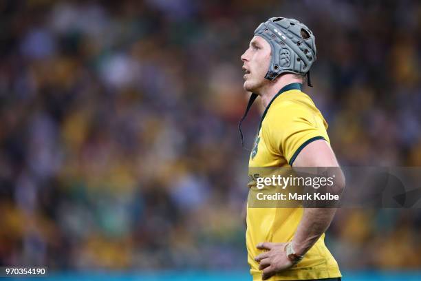 David Pocock of the Wallabies shows his frustration as he watches the big screen as a Wallabies try is disallowed during the International Test match...