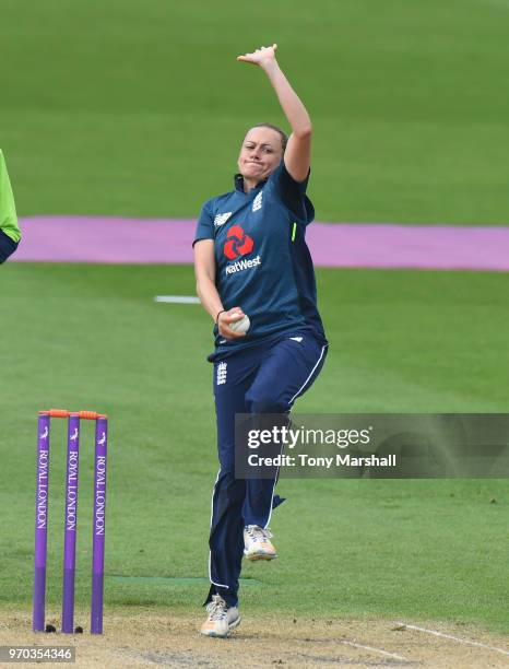 Laura Marsh of England bowls during the 1st ODI: ICC Women's Championship match between England Women and South Africa Women at New Road on June 9,...