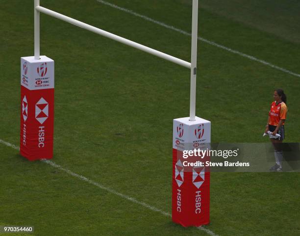 Female touch judge stands behind the posts during the HSBC Paris Sevens at Stade Jean Bouin on June 9, 2018 in Paris, France.