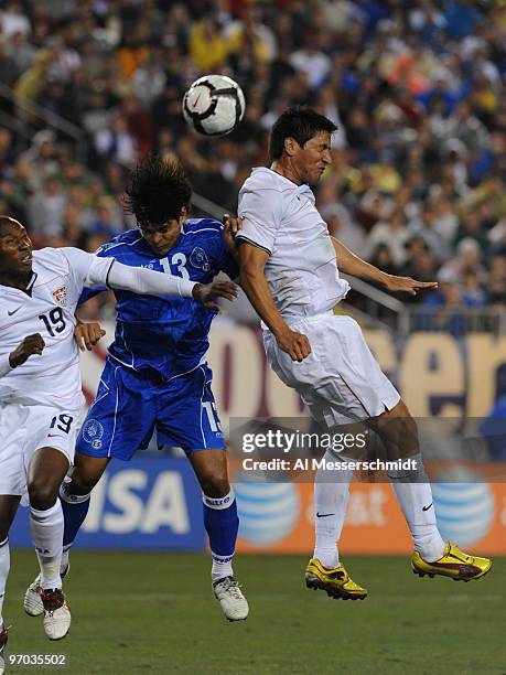 Forward Brian Ching of the U. S. Men's Soccer Team leaps for a ball against El Salvador February 24, 2010 at Raymond James Stadium in Tampa, Florida.