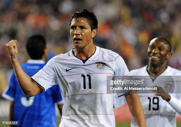 Forward Brian Ching of the U. S. Men's Soccer Team scores a game-tying goal against El Salvador February 24, 2010 at Raymond James Stadium in Tampa,...