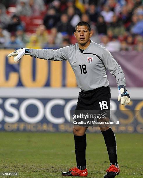 Goal keeper Nick Rimando of the U. S. Men's Soccer Team directs play against El Salvador February 24, 2010 at Raymond James Stadium in Tampa, Florida.