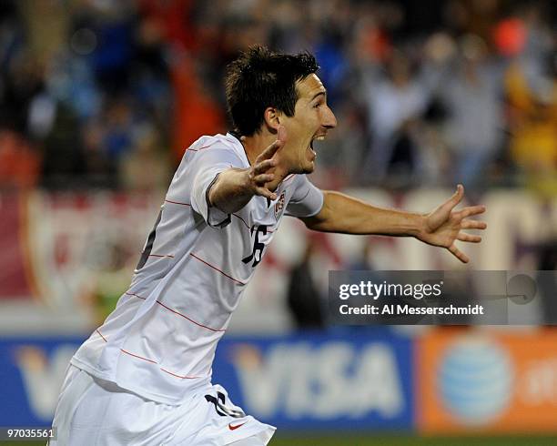 Midfielder Sacha Kljestan of the U. S. Men's Soccer Team scores a game-winning goal against El Salvador February 24, 2010 at Raymond James Stadium in...