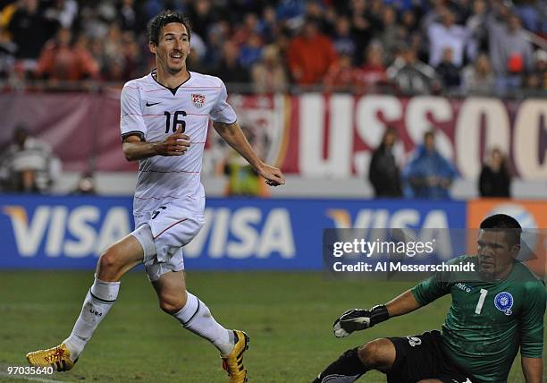 Midfielder Sacha Kljestan of the U. S. Men's Soccer Team scores a game-winning goal against El Salvador February 24, 2010 at Raymond James Stadium in...