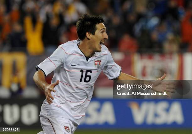 Midfielder Sacha Kljestan of the U. S. Men's Soccer Team scores a game-winning goal against El Salvador February 24, 2010 at Raymond James Stadium in...