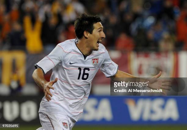 Midfielder Sacha Kljestan of the U. S. Men's Soccer Team scores a game-winning goal against El Salvador February 24, 2010 at Raymond James Stadium in...