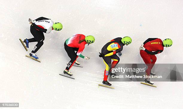 Zhou Yang of China leads Aika Klein of Germany, Erika Huszar of Hungary and Paula Bzura of Poland in the Short Track Speed Skating Ladies 1000m heat...