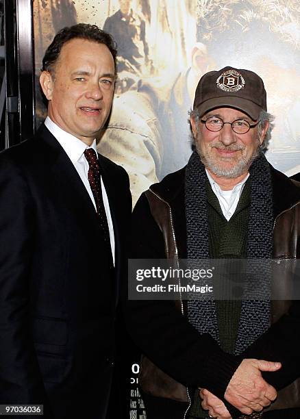Executive producers Tom Hanks and Steven Spielberg arrive at HBO's premiere of "The Pacific" held at Grauman's Chinese Theatre on February 24, 2010...