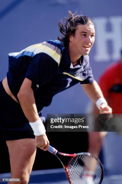 Patrick Rafter plays tennis at the US Open circa September 1997 in New York City.