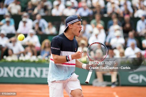 June 6. French Open Tennis Tournament - Day Eleven. Diego Schwartzman of Argentina celebrates a break of serve in the first set against Rafael Nadal...