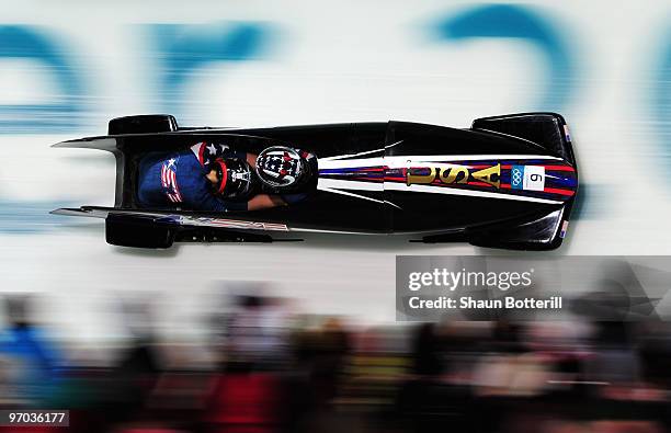 Bree Schaaf and Emily Azevedo of the United States compete in USA 3 during the womens bobsleigh on day 13 of the 2010 Vancouver Winter Olympics at...