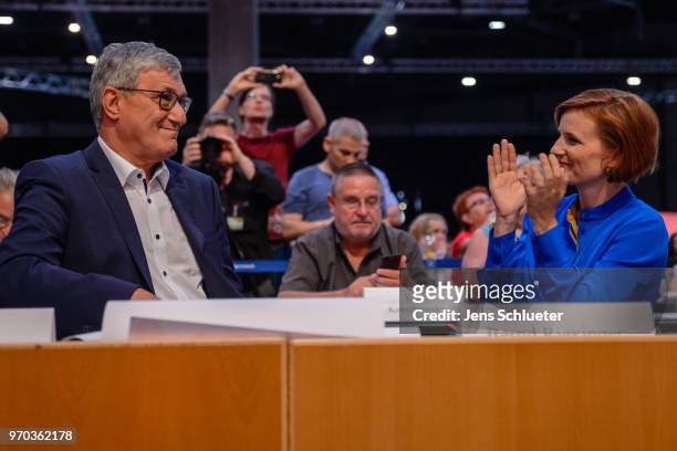 Katja Kipping , co-leader of Die Linke, and Bernd Rixinger, co-leader of the Die Linke, react after their election as the new party chairman at the...