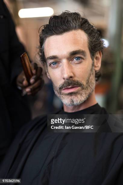 Richard Biedul backstage at the Oliver Spencer show during London Fashion Week Men's June 2018 at BFC Show Space on June 9, 2018 in London, England.