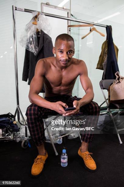 Eric Underwood backstage at the Oliver Spencer show during London Fashion Week Men's June 2018 at BFC Show Space on June 9, 2018 in London, England.
