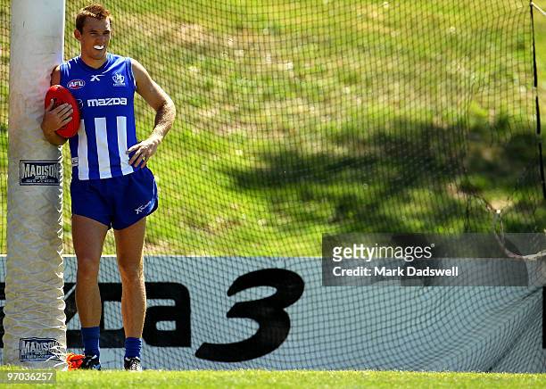 Drew Petrie of the Kangaroos watches training from the goalsquare during a North Melbourne Kangaroos AFL training session at Arden Street Ground on...