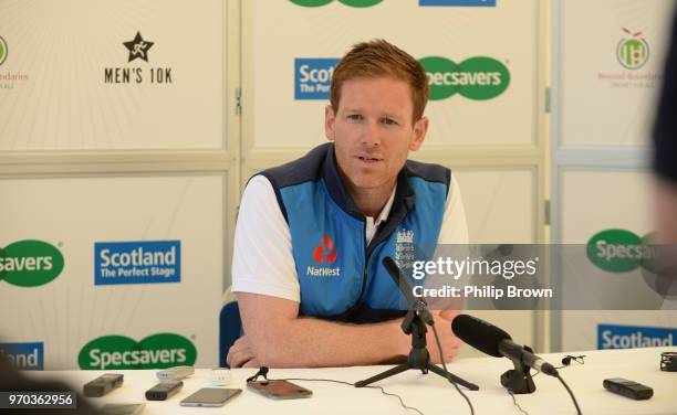 Eoin Morgan speaks to the press before a training session before the One-Day International match between Scotland and England at Grange cricket club...