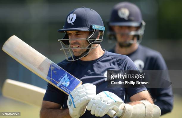 Kyle Coetzer of Scotland looks on during a training session before the One-Day International match between Scotland and England at Grange cricket...
