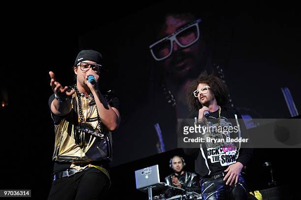 SkyBlu and Red Foo of LMFAO perform at Madison Square Garden on February 24, 2010 in New York City.