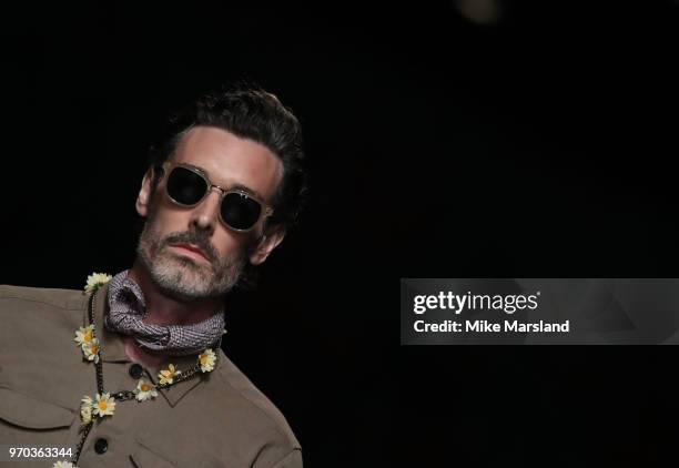 Richard Biedul walks the runway at the Oliver Spencer show during London Fashion Week Men's June 2018 at the BFC Show Space on June 9, 2018 in...