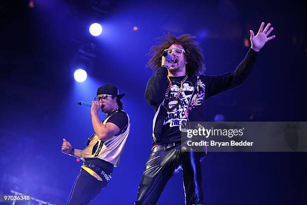 SkyBlu and Red Foo of LMFAO perform at Madison Square Garden on February 24, 2010 in New York City.