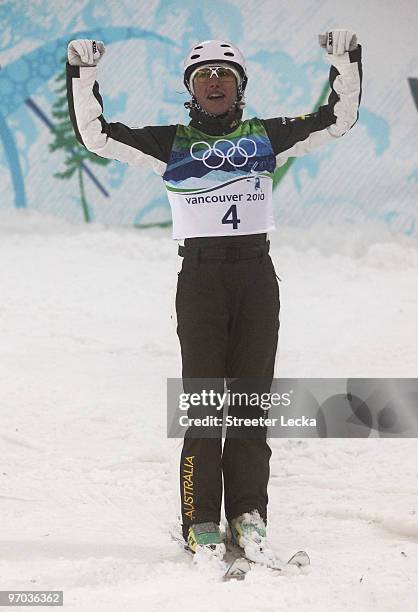 Lydia Lassila of Australia celebrates during the freestyle skiing ladies' aerials final on day 13 of the Vancouver 2010 Winter Olympics at Cypress...