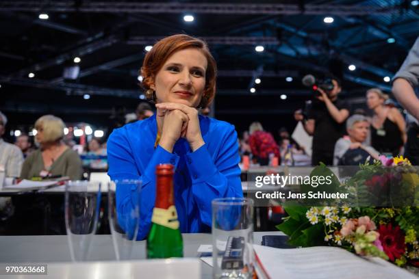 Katja Kipping, co-leader of Die Linke reacts after her election as one of two new party chairman at the Die Linke federal party congress on June 9,...