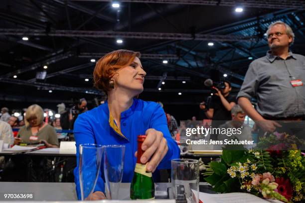 Katja Kipping, co-leader of Die Linke reacts after her election as one of two new party chairman at the Die Linke federal party congress on June 9,...