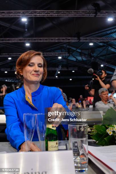 Katja Kipping, co-leader of Die Linke reacts after her election as one of two new party chairman at the Die Linke federal party congress on June 9,...