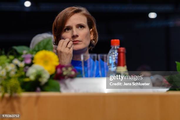 Katja Kipping, co-leader of Die Linke reacts after her election as one of two new party chairman at the Die Linke federal party congress on June 9,...